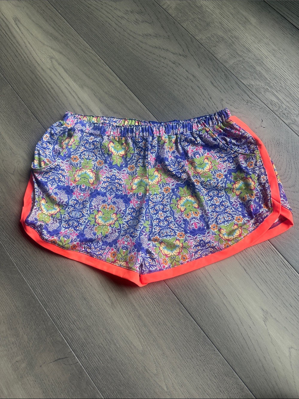 Onzie Purple Floral Athletic Shorts with Coral Trim